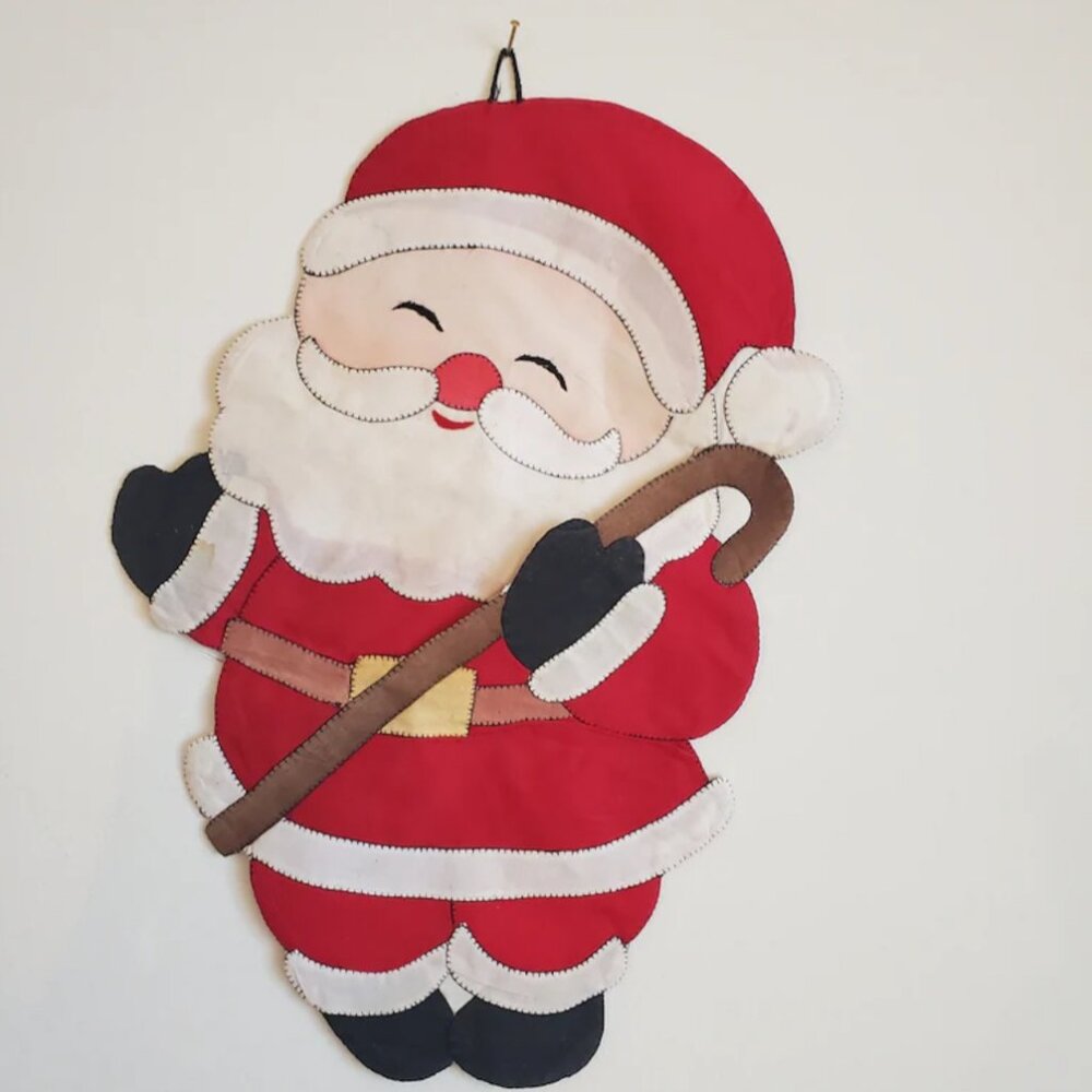Vintage Santa wall hanging stocking pocket embroidered card holder Retro linen